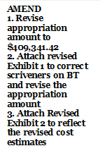 AMEND
1. Revise appropriation amount to $409,341.42
2. Attach revised Exhibit 1 to correct scriveners on BT and revise the appropriation amount
3. Attach Revised Exhibit 2 to reflect the revised cost estimates






















